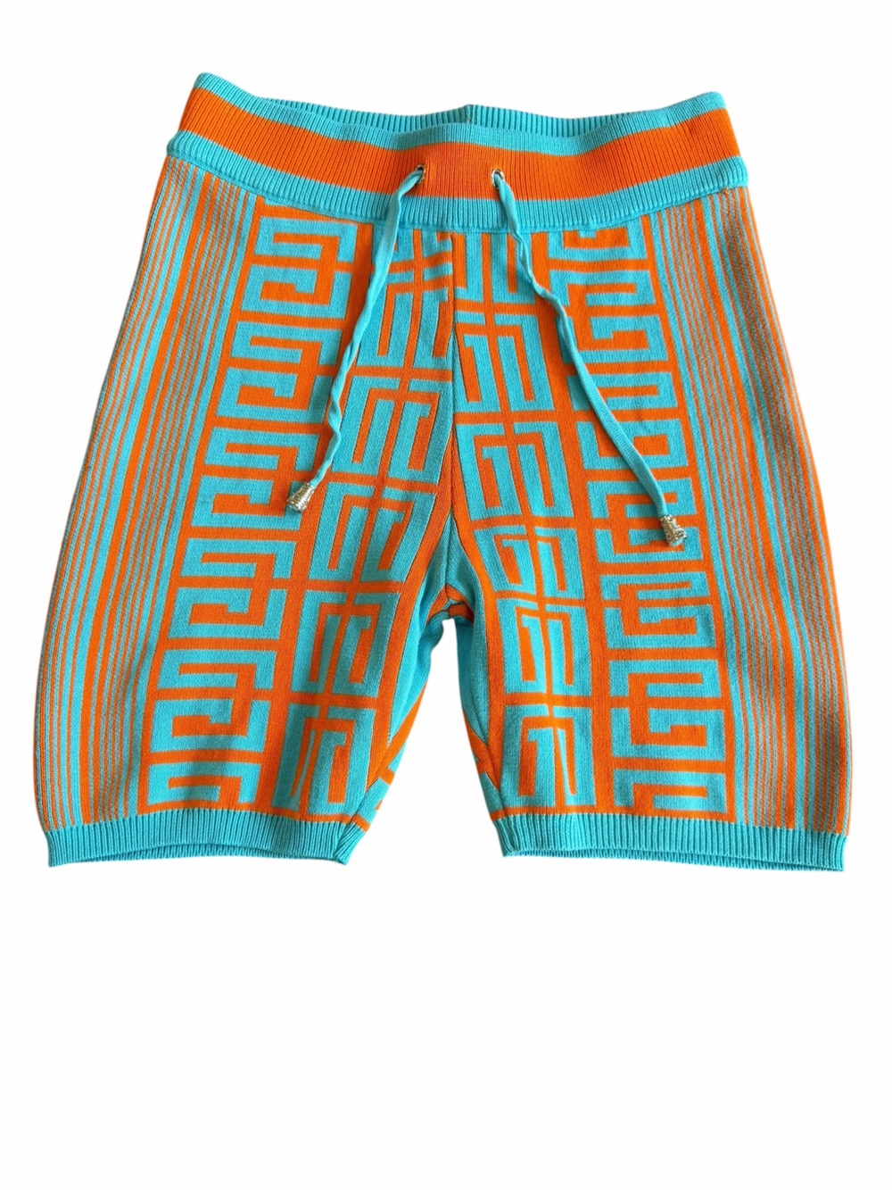 Geometric Knit‎ Drawstring Shorts Blue Orange Resort Coastal Greek Key Size S